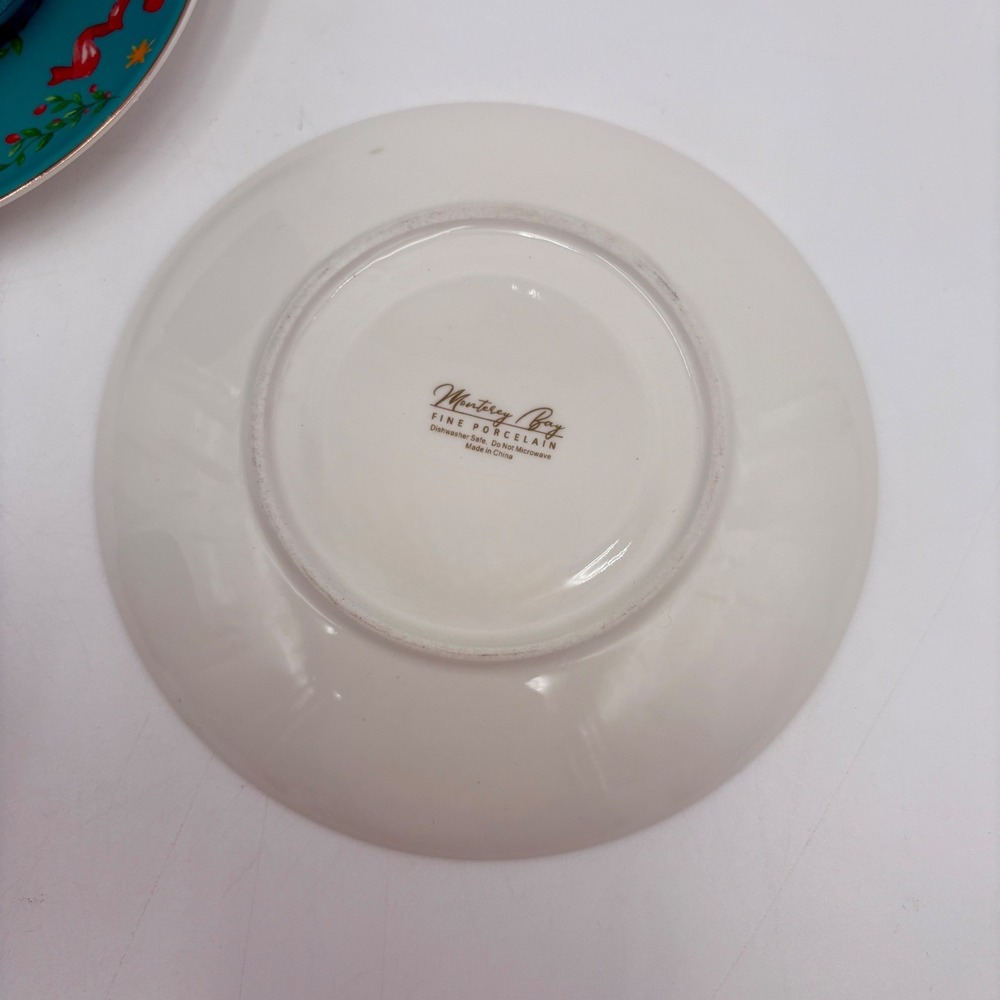 Monterey Bay Fine Porcelain Christmas Tree Teacup Saucer Set Teal Pink Gold - Picture 4 of 7